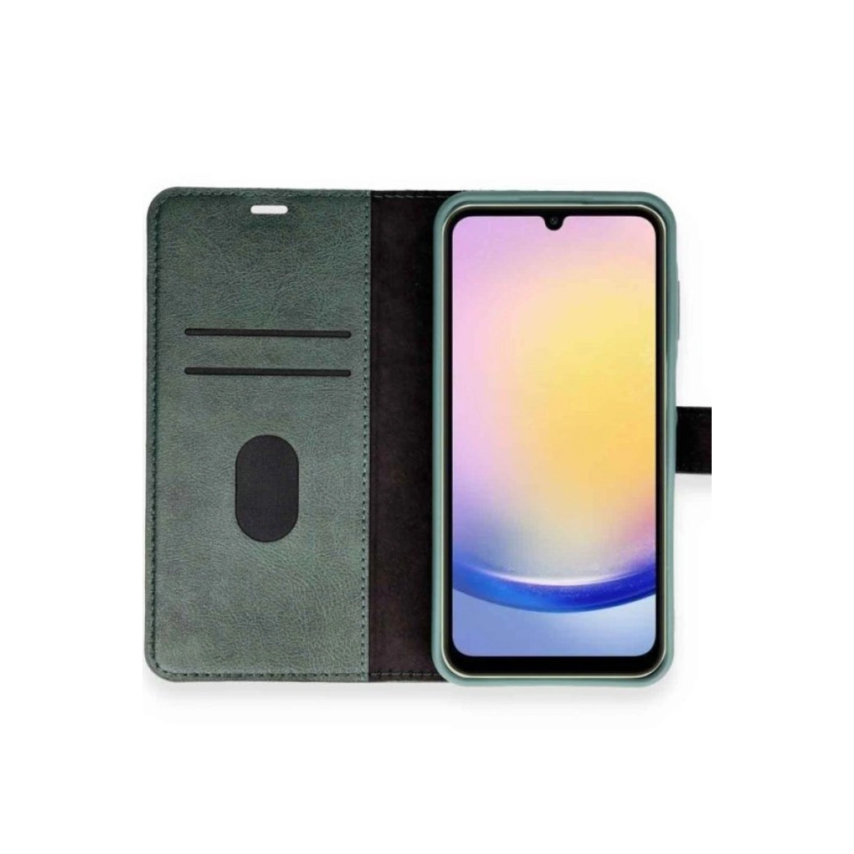 Sol tarafında kartlık bulunan açık kapaklı yeşil akıllı telefon.