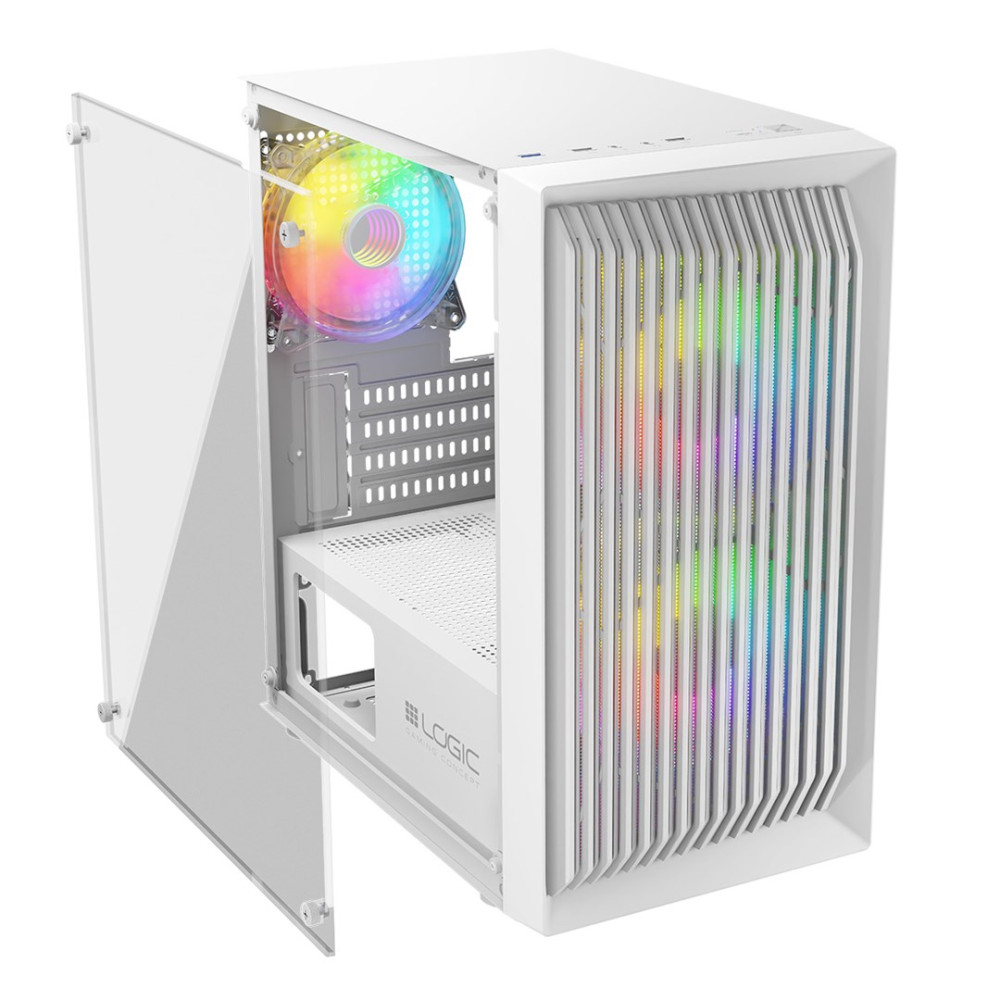 Biała obudowa komputera z otwartymi drzwiami szklanymi, wentylatorem RGB i pionowymi paskami z tęczowym podświetleniem.