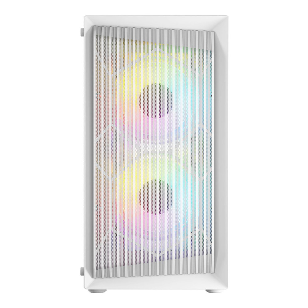 Biała obudowa komputera z wentylatorami RGB świecącymi od przodu.