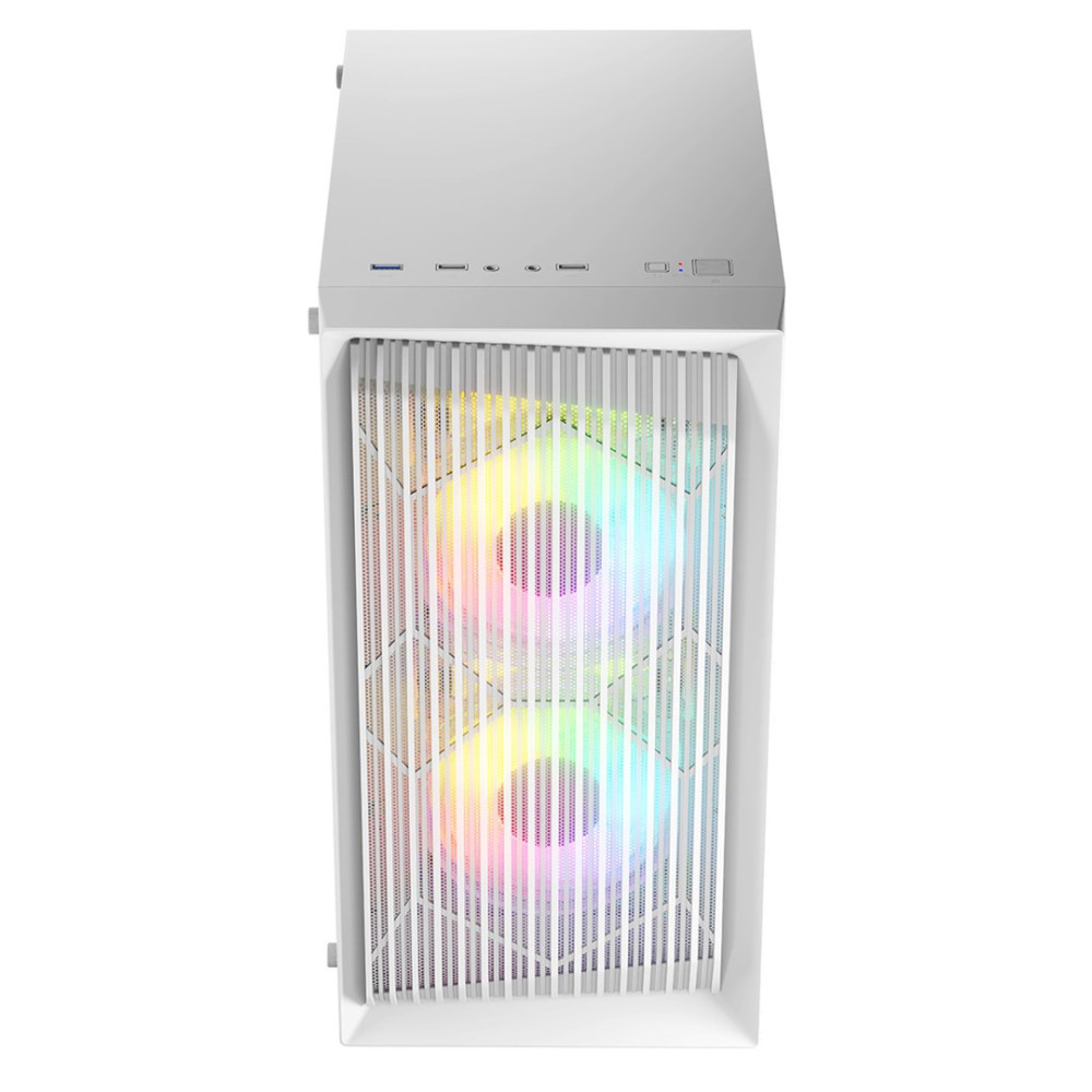 Biała obudowa komputera z wentylatorami RGB z przodu.
