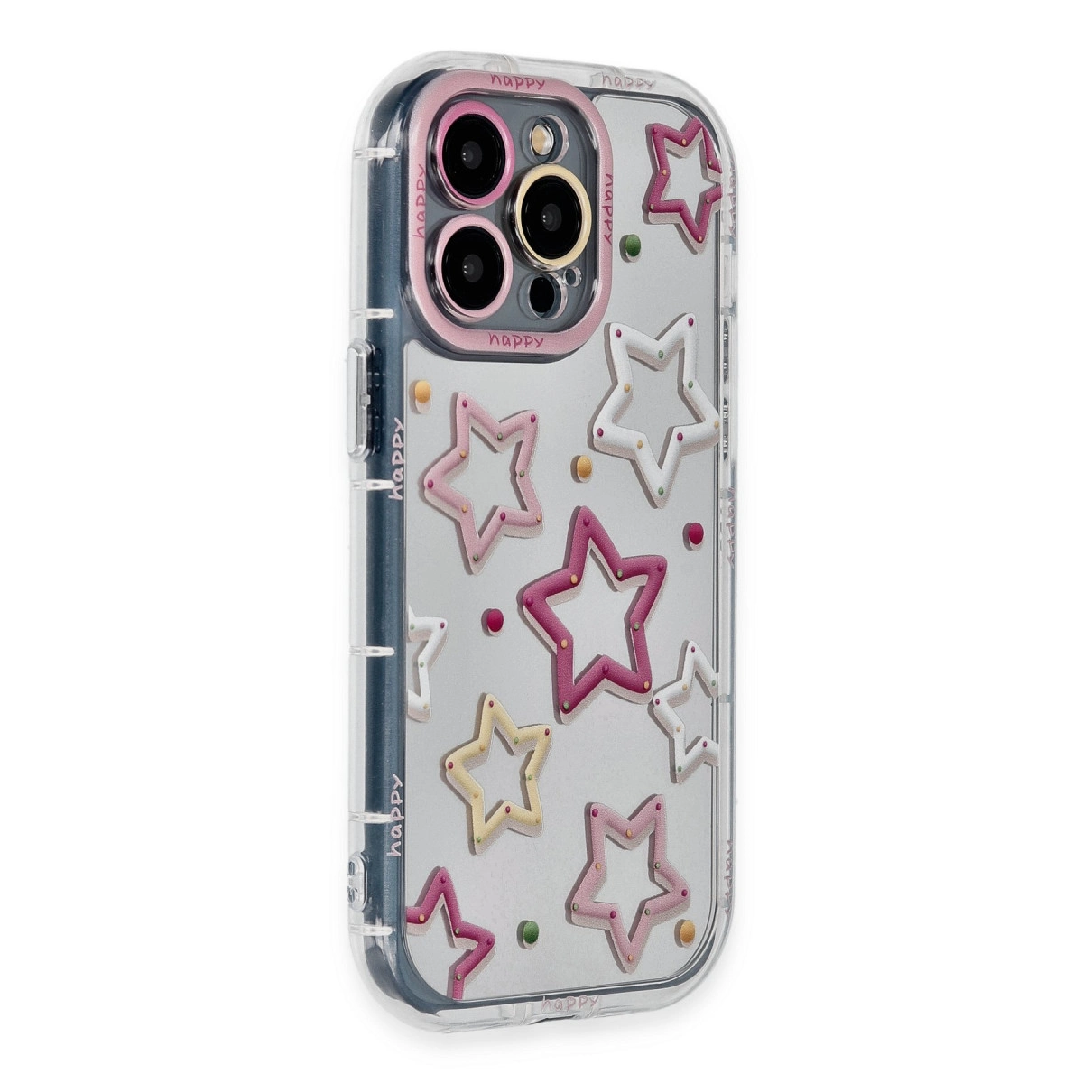 Pembe yıldızlı ve "happy" yazılı şeffaf telefon kılıfı.