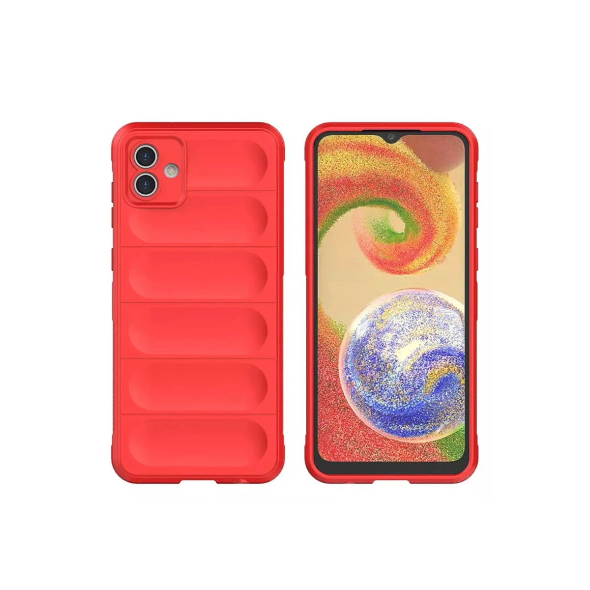 Yatay desenli kırmızı telefon kılıfı ve renkli duvar kağıdı gösteren akıllı telefon.