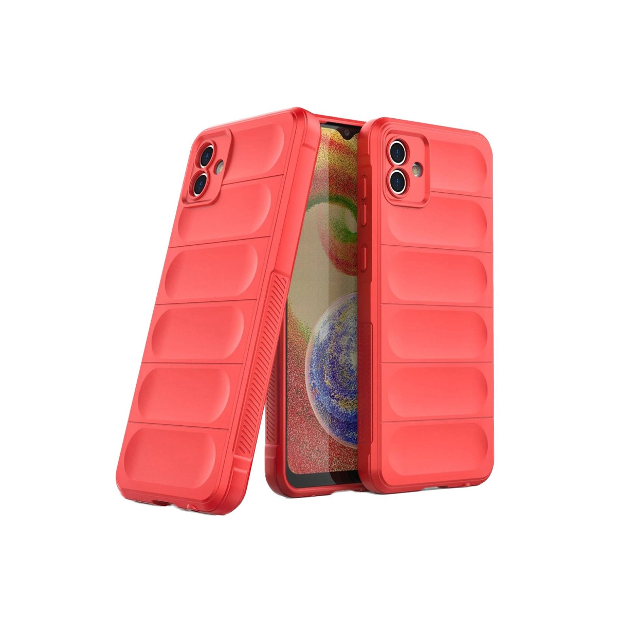 Waffel desenli iki kırmızı telefon kılıfı, biri telefonun üzerinde.