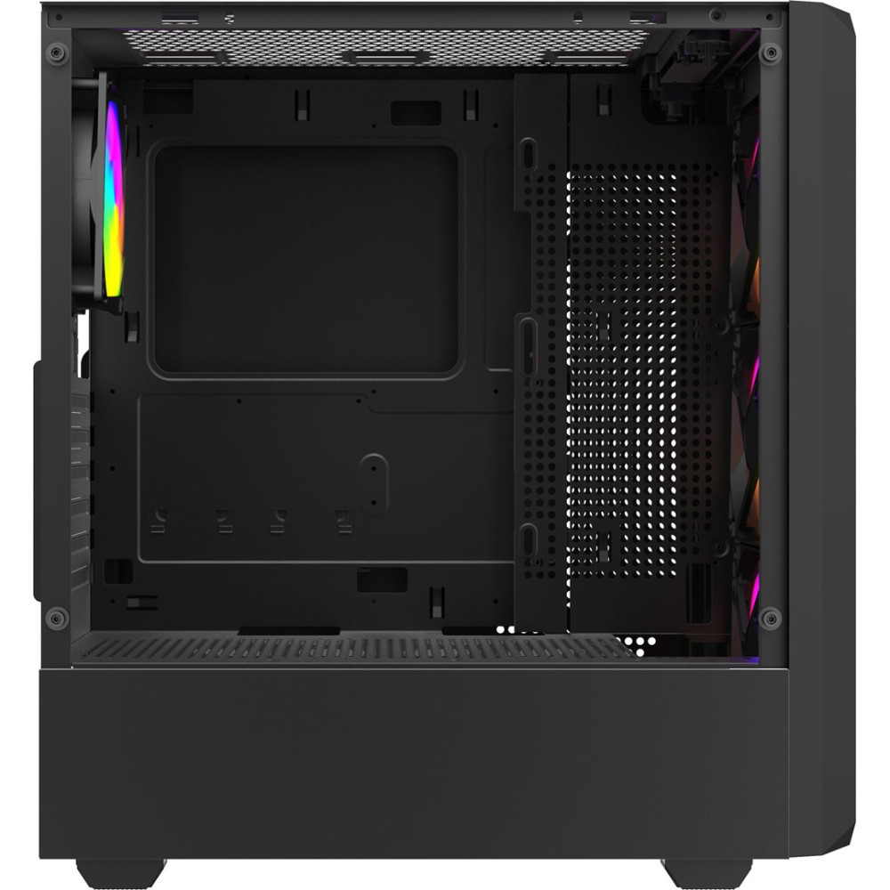 Czarna obudowa komputera z wentylatorami RGB i perforowanymi otworami wentylacyjnymi.