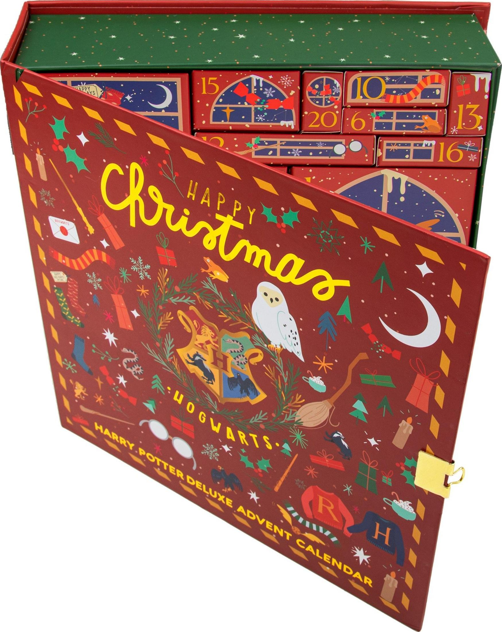 Ein Harry Potter Adventskalender mit Weihnachtsdekoration und Hogwarts-Emblem.