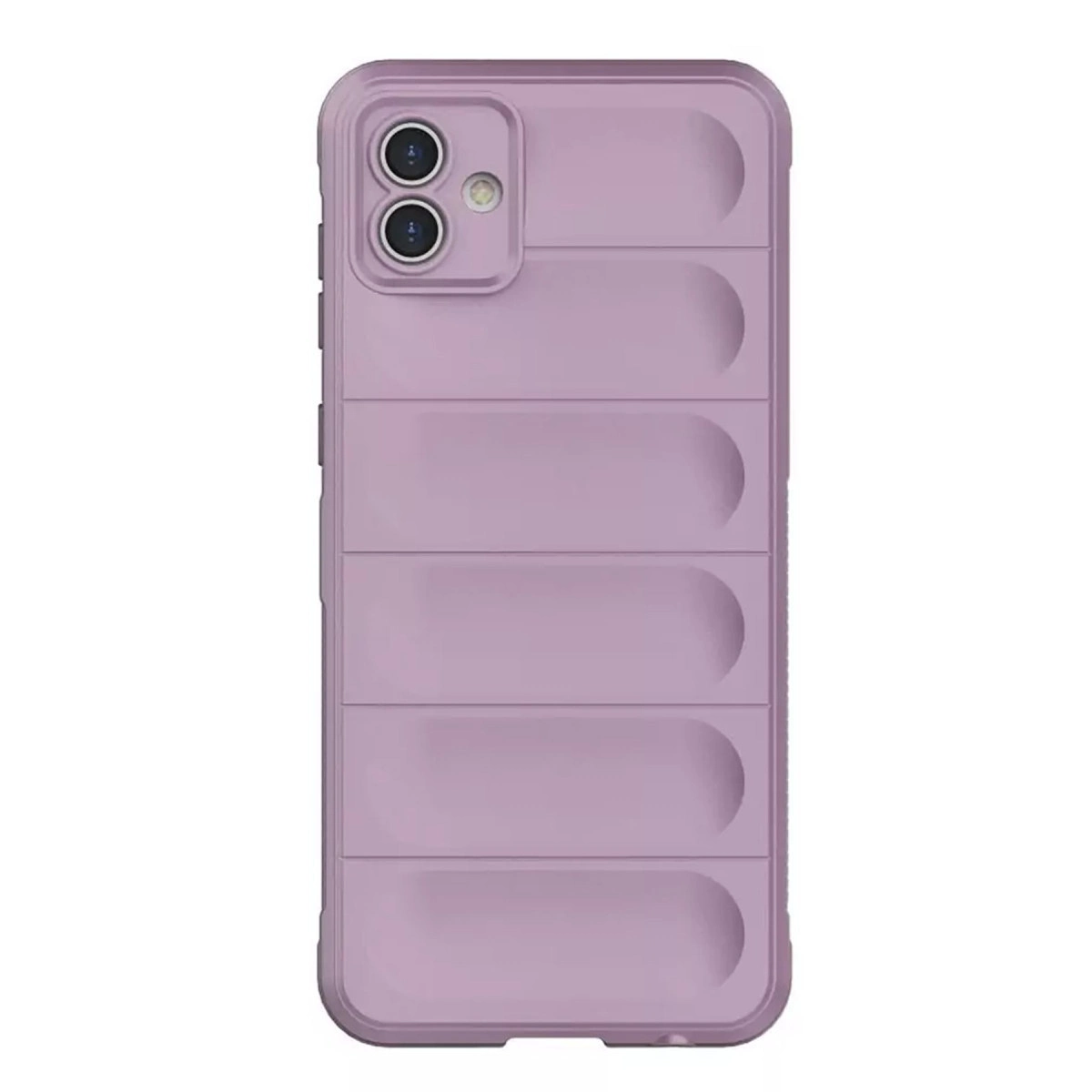 Yatay çıkıntılı, lavanta rengi telefon kılıfı ve iki kamera lensi.