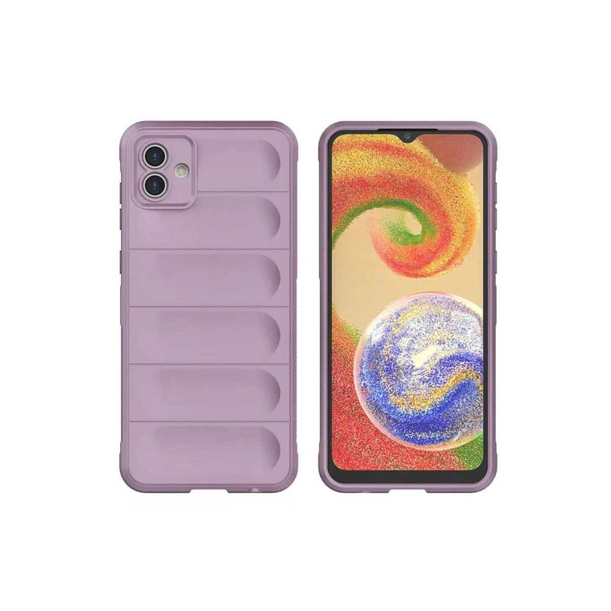 Yatay oluklu açık mor telefon kılıfı, duvar kağıdı gösteren bir akıllı telefon.