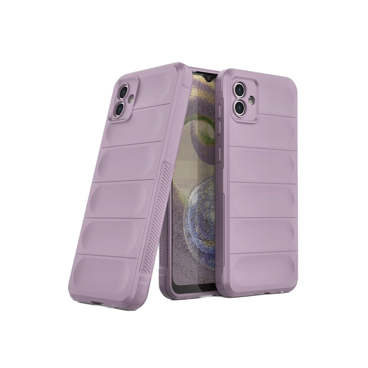 Kanallı desenli iki lavanta rengi telefon kılıfı yan yana duruyor.