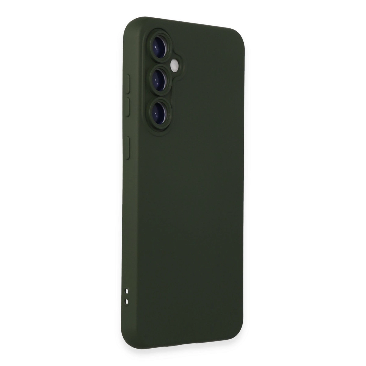 Üç kamera lensli ve düğmeli koyu yeşil telefon kılıfı.