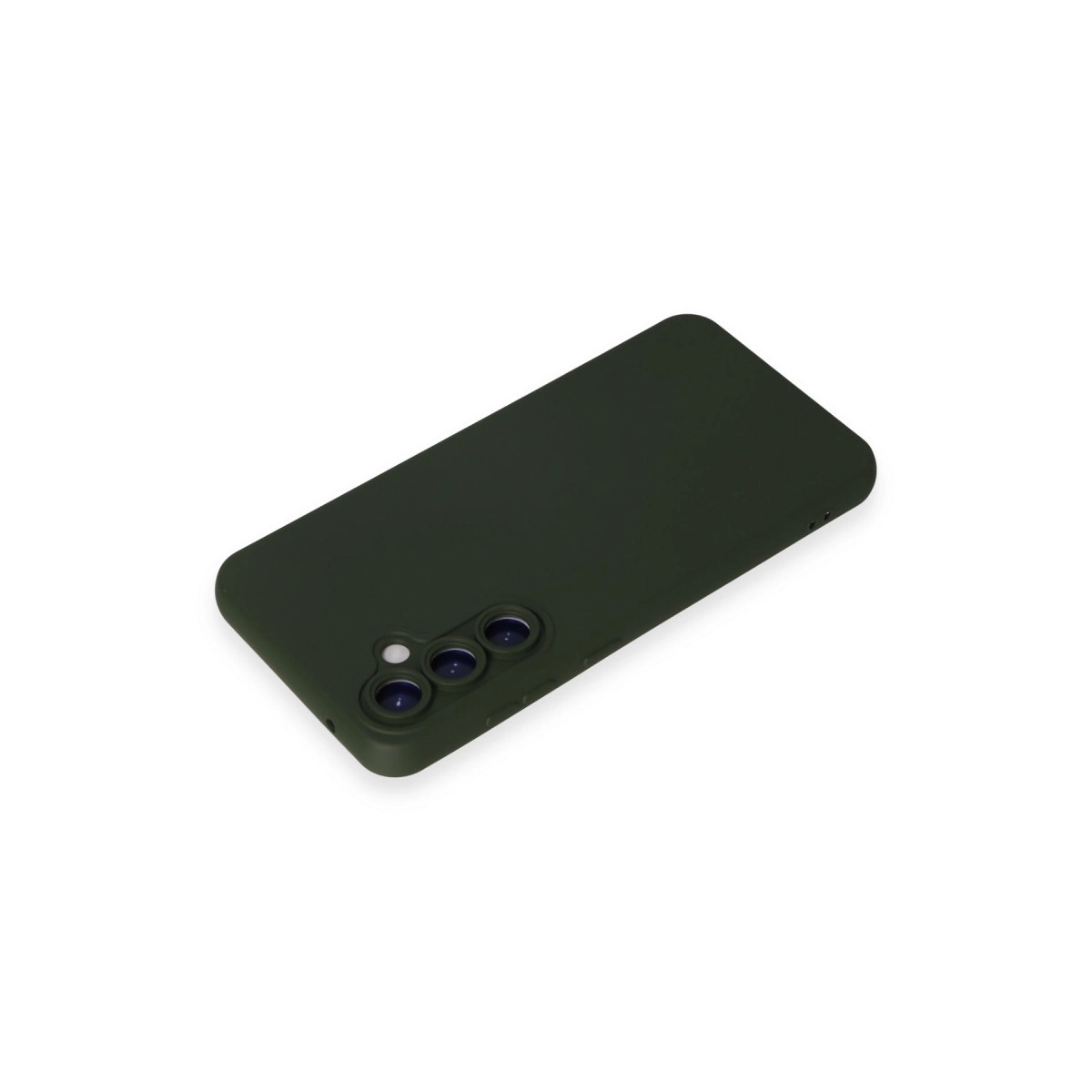 Üç kamera lensli koyu yeşil telefon kılıfı beyaz arka plan üzerinde.