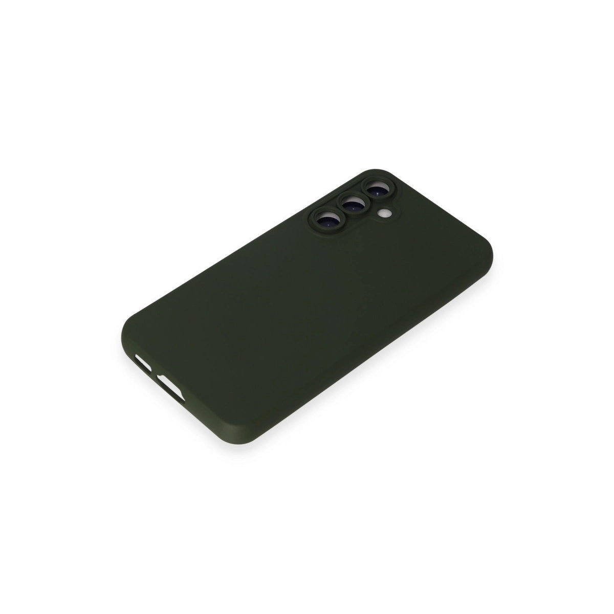 Üç kamera lensli ve flaşlı koyu yeşil telefon kılıfı.