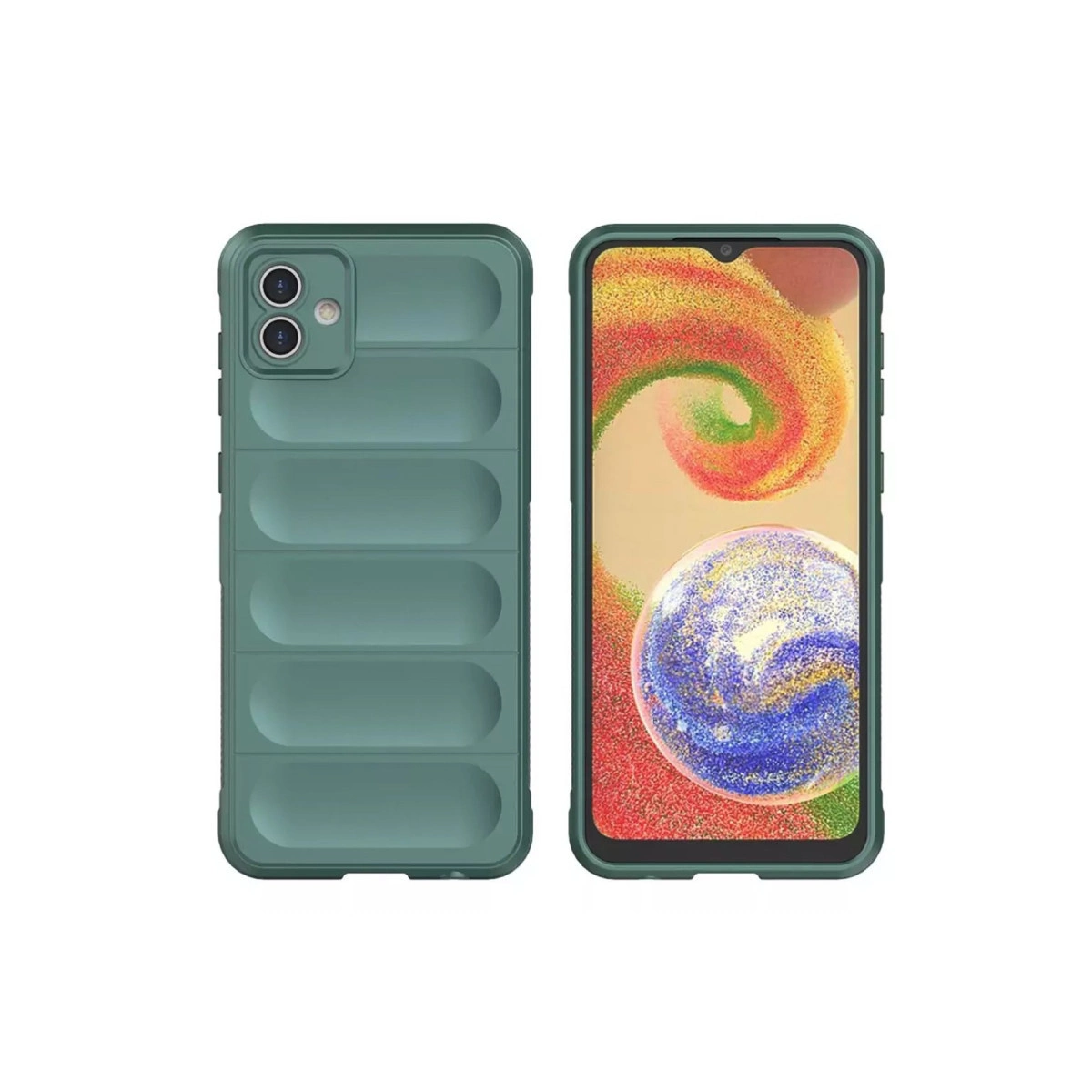 Yatay çıkıntılı yeşil telefon kılıfı ve renkli duvar kağıtlı akıllı telefon.