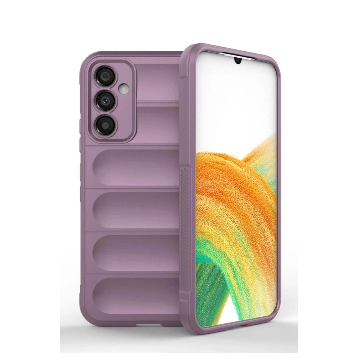Kamera boşluklu ve yastıklı tasarımlı mor telefon kılıfı.