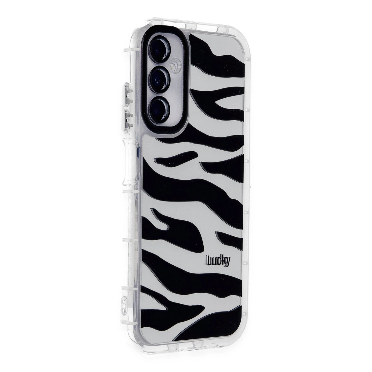 Arkada üç kamerası olan, siyah zebra desenli şeffaf telefon kılıfı.