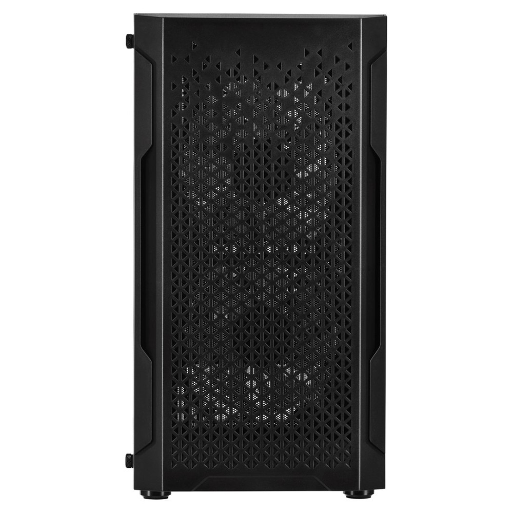 Case del computer nero con frontale traforato e ventole.