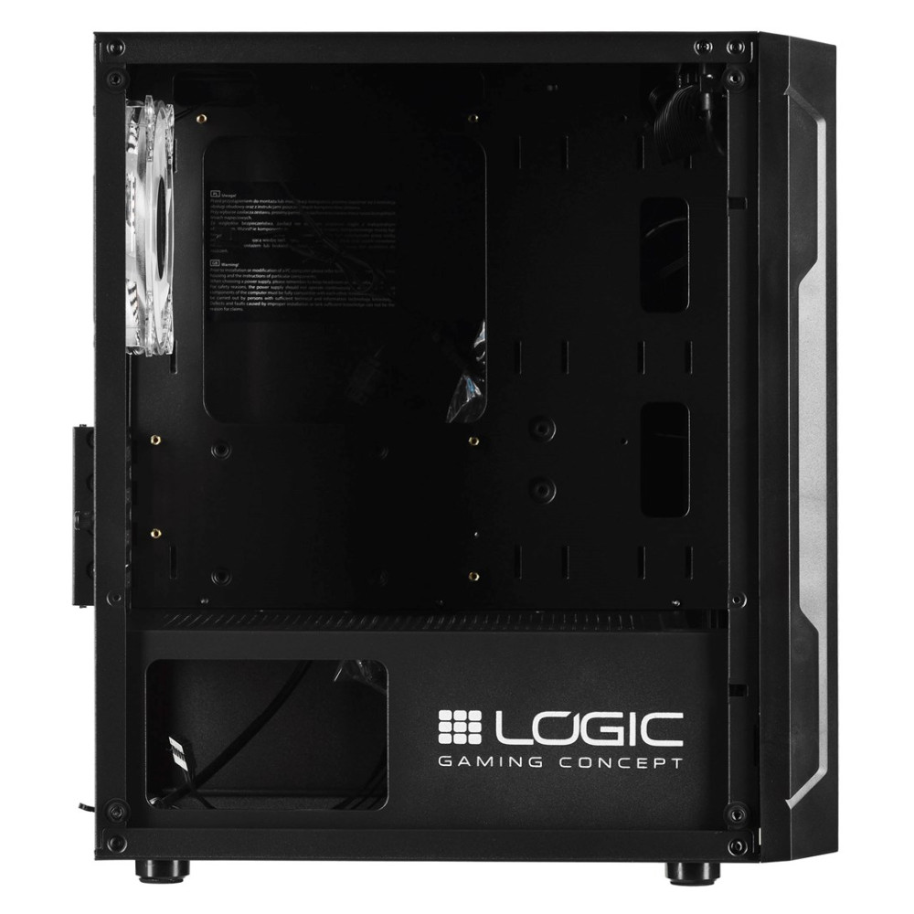 Un case per computer nero con ventola e logo LOGIC.
