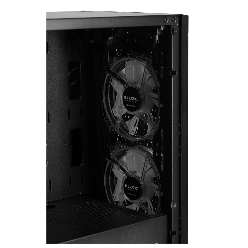 Vista interna di un case per PC nero con due ventole trasparenti, una sopra l'altra.