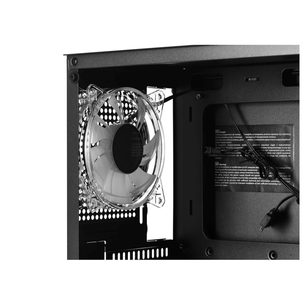 Una ventola PC trasparente con LED blu all'interno di un case del computer.