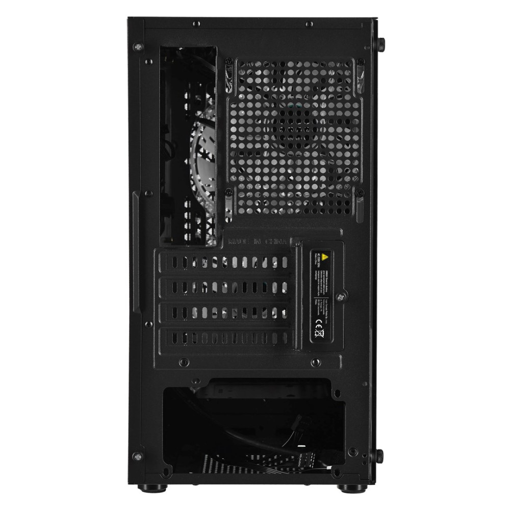 Retro di un case per computer nero con ventola, prese d'aria e porte.