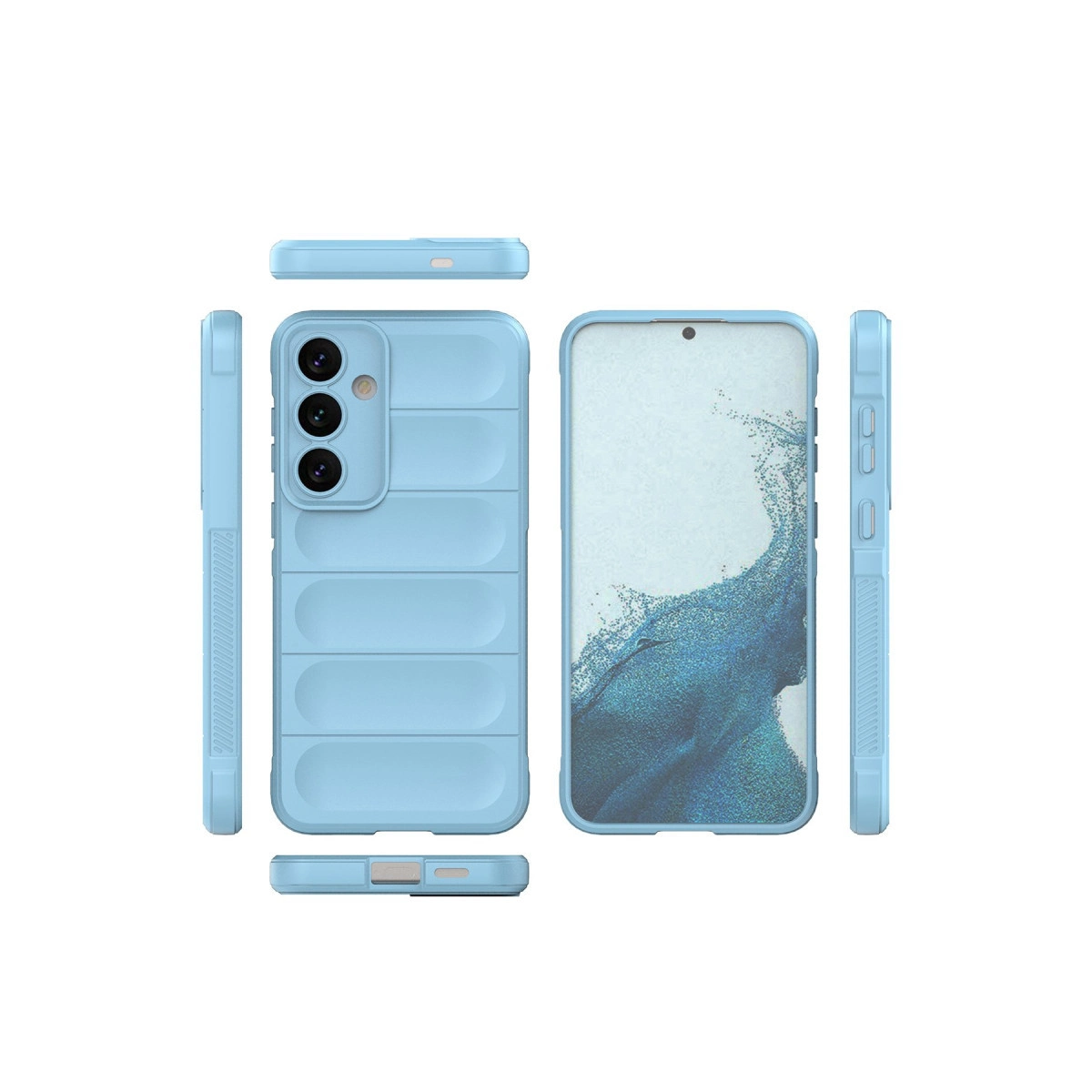 Açık mavi telefon kılıfı farklı açılardan, kamera modülü ile gösteriliyor.