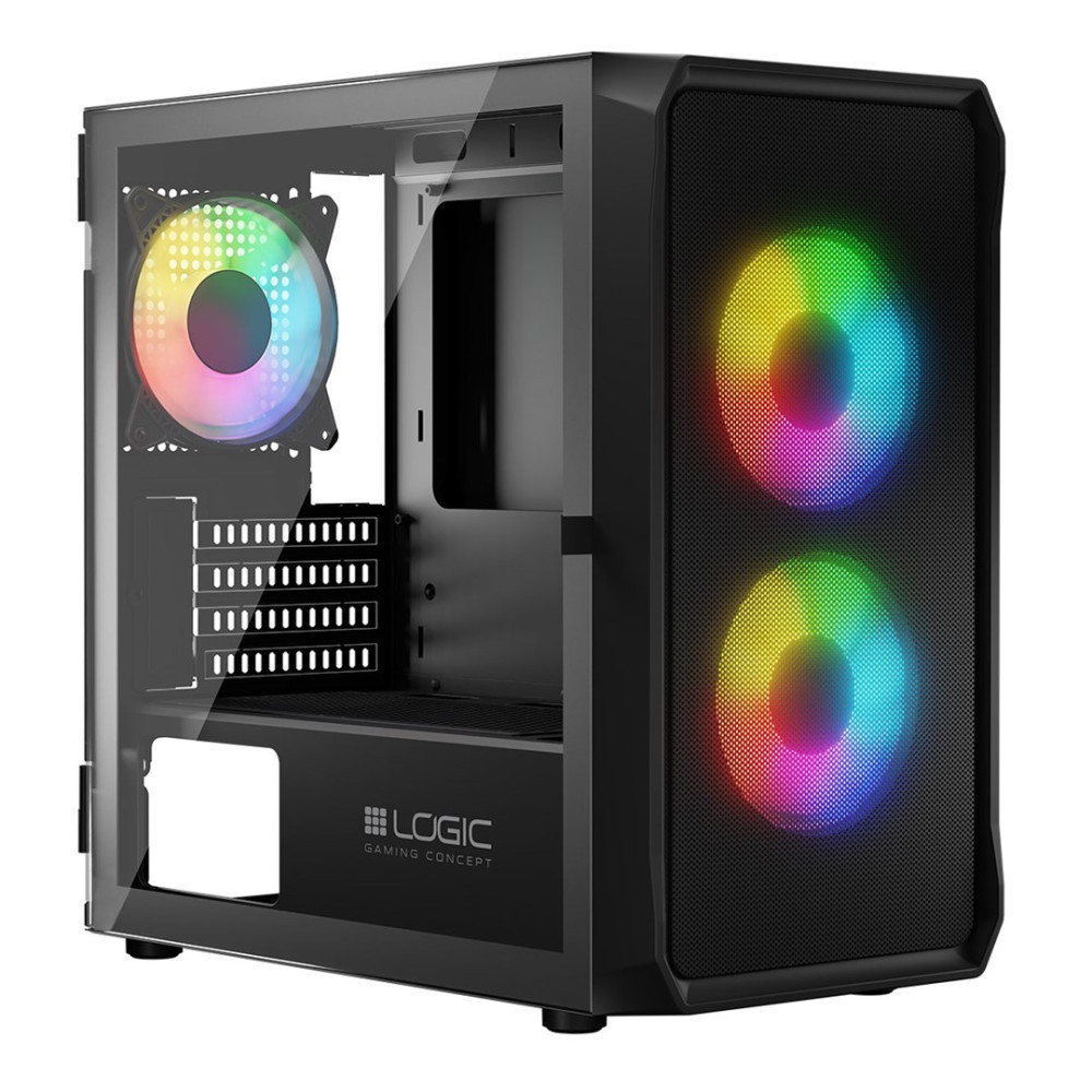 Case PC nero con lato in vetro, ventole con illuminazione RGB.