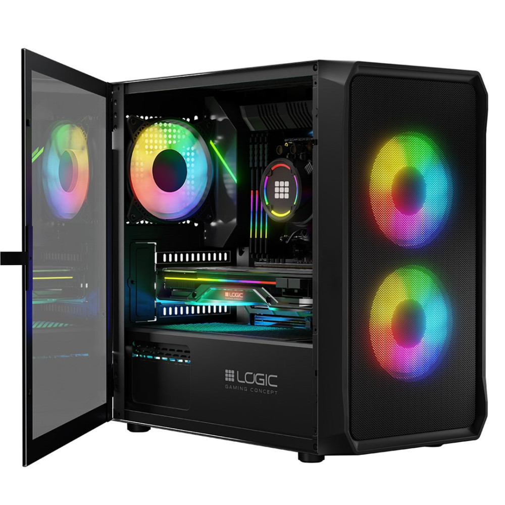 Case PC nero con porta in vetro aperta e ventole RGB.