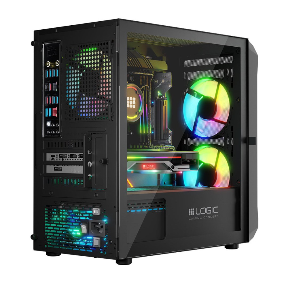 Un case PC nero con finestra in vetro e ventole RGB colorate.