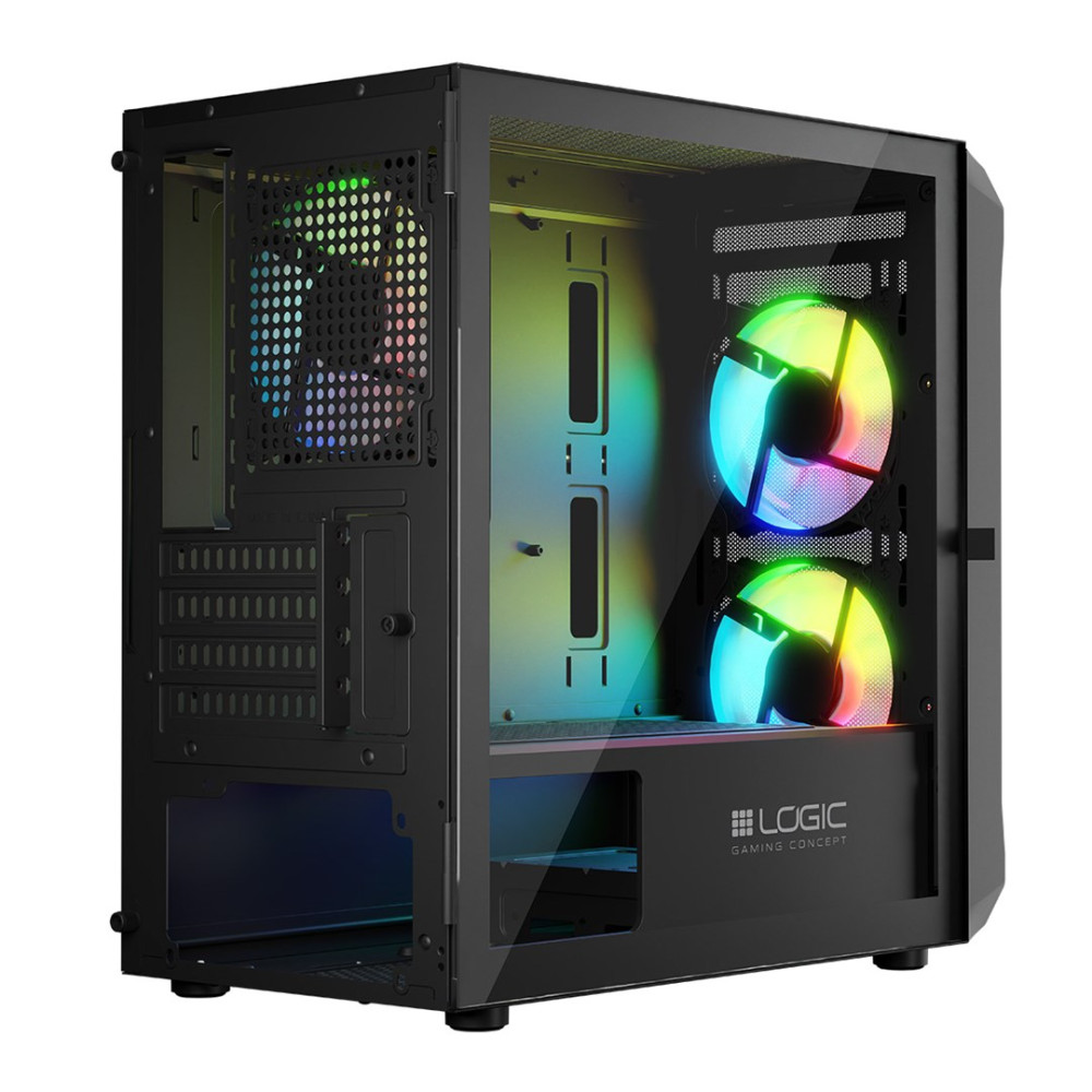 Case PC nero con frontale in vetro e ventole RGB.