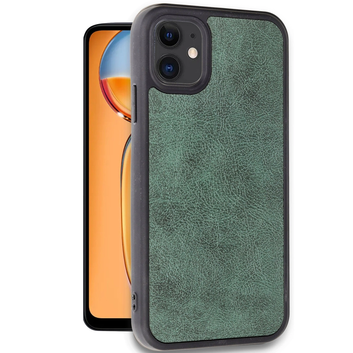 Turuncu ekranlı telefonda yeşil dokulu deri telefon kılıfı.
