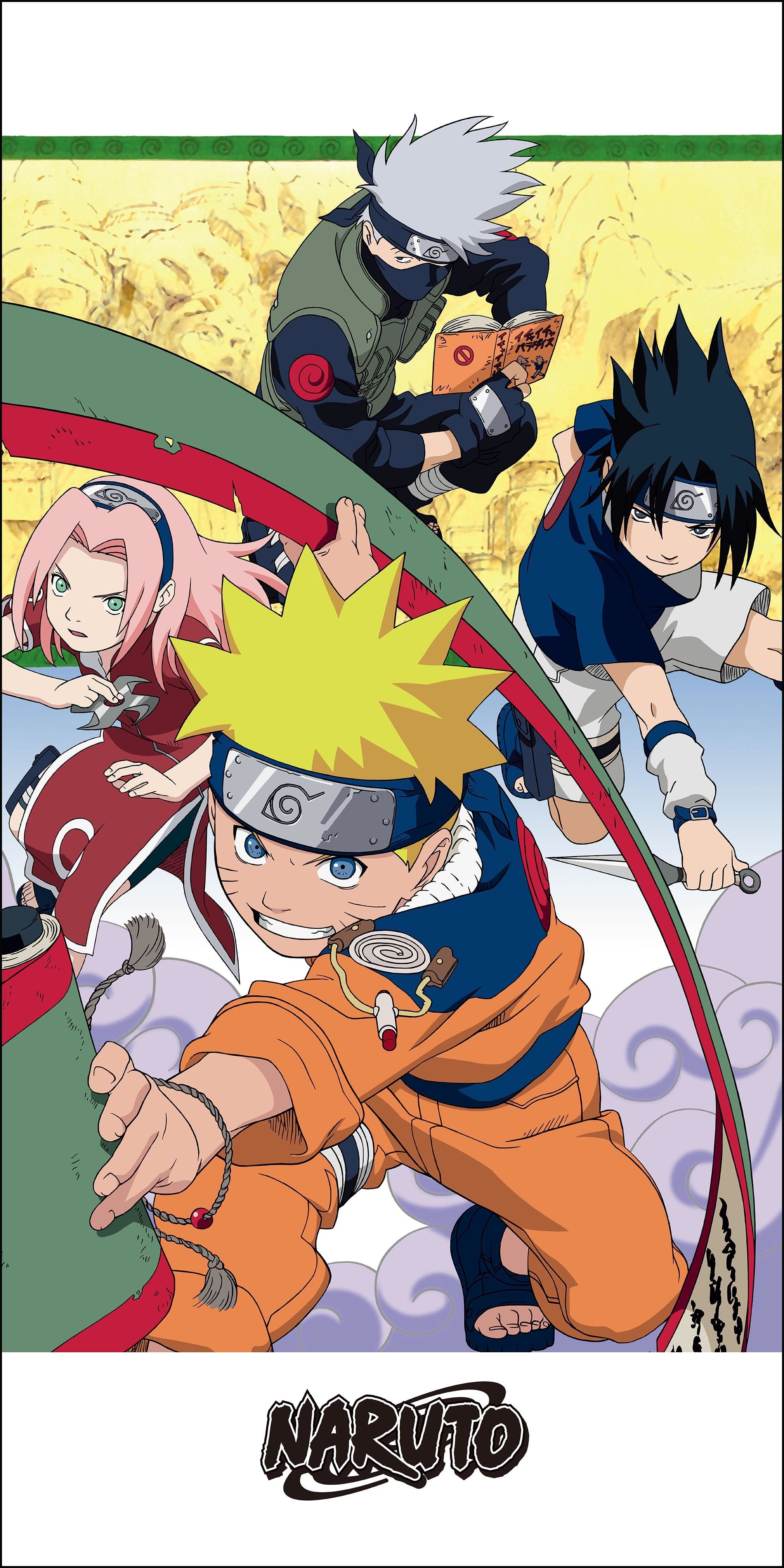 Naruto, Sasuke, Sakura und Kakashi in dynamischen Posen vor einem gelben Hintergrund.