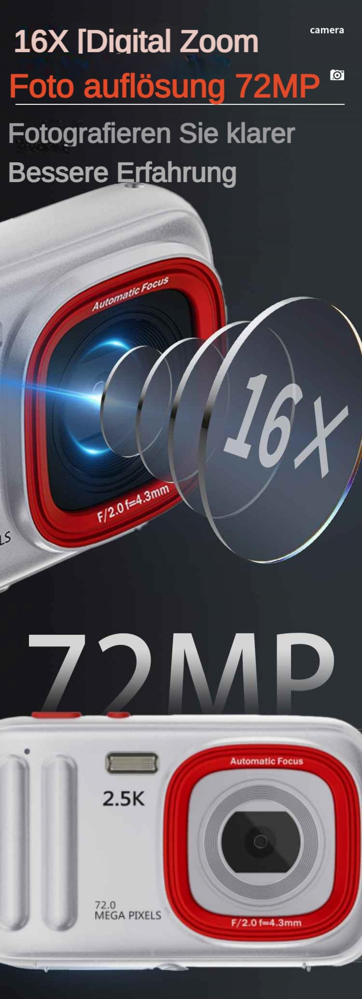 Digitalkamera mit 16-fachem Zoom, 72MP Auflösung, Fokus und F2.0/4.3mm.