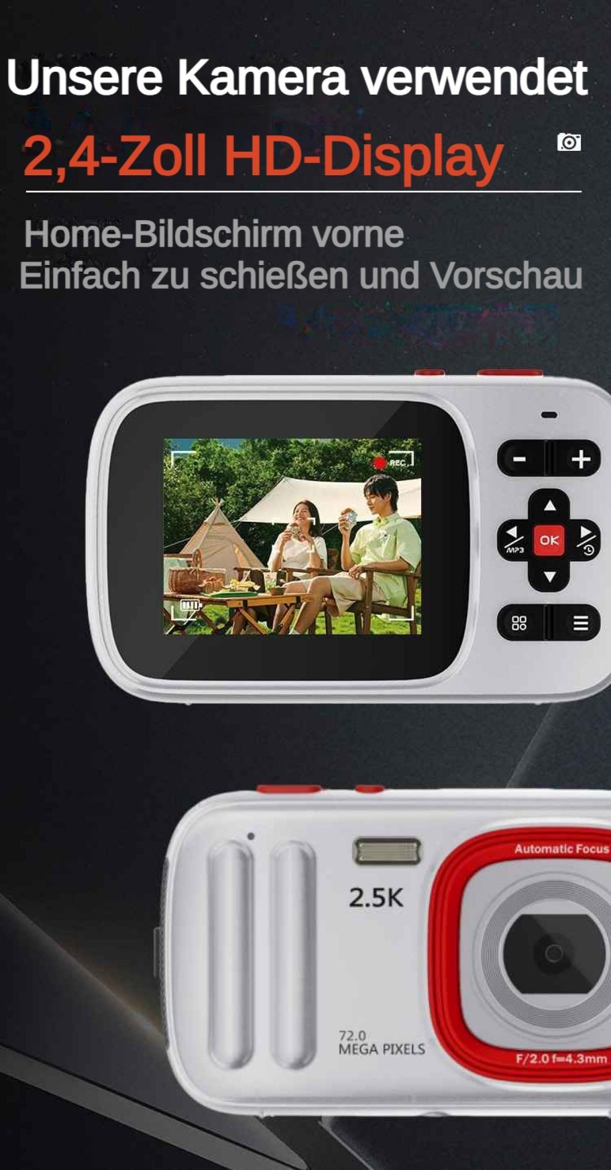 Kamera mit 2,4-Zoll-HD-Display zeigt Paar beim Picknick, 2,5K Auflösung.