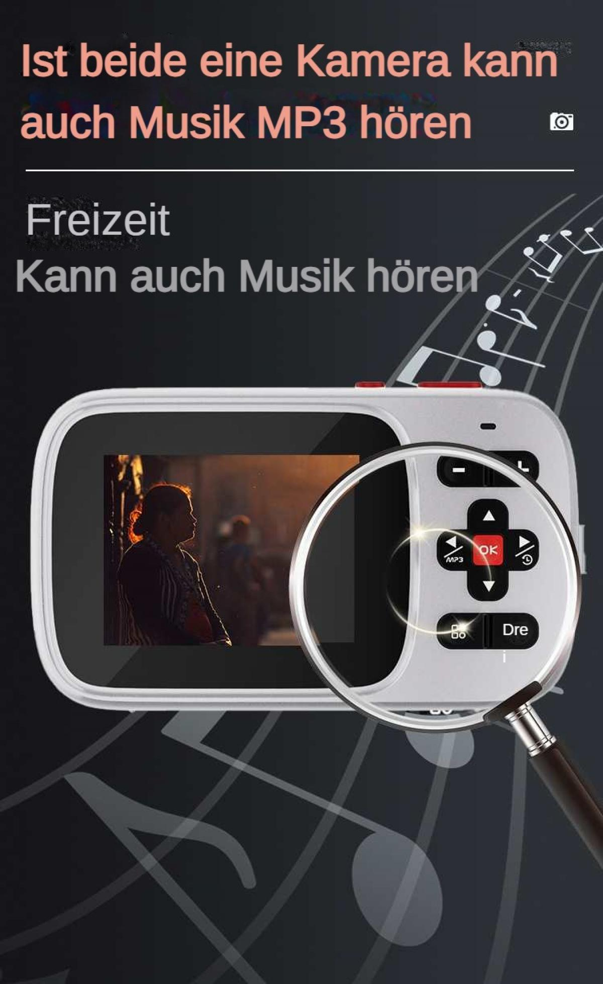 Kamera mit MP3-Funktion, zeigt Frau im Gegenlicht, Lupe auf Tasten.