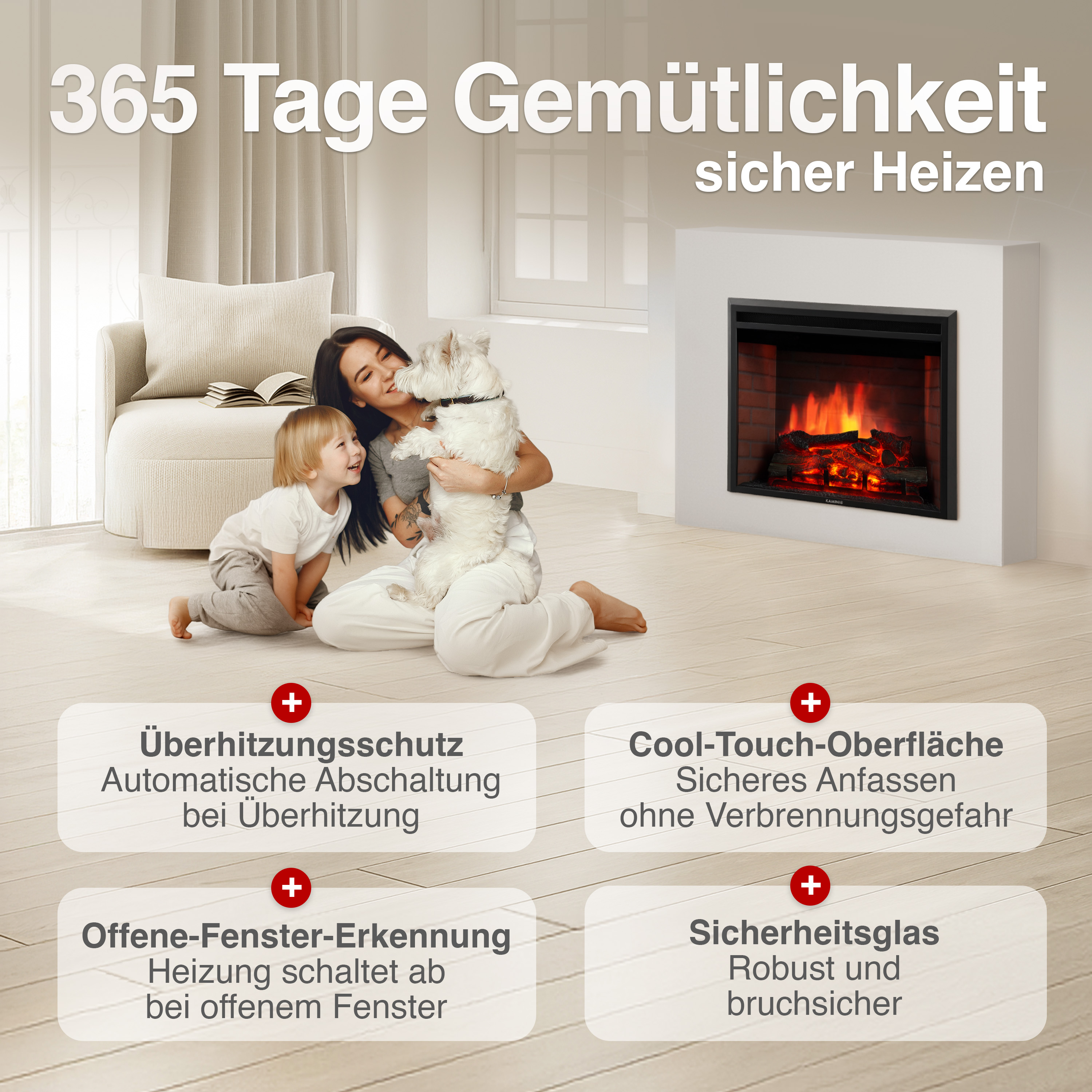 Frau mit Kind und Hund vor elektrischem Kamin. Beschriftungen zu Funktionen.