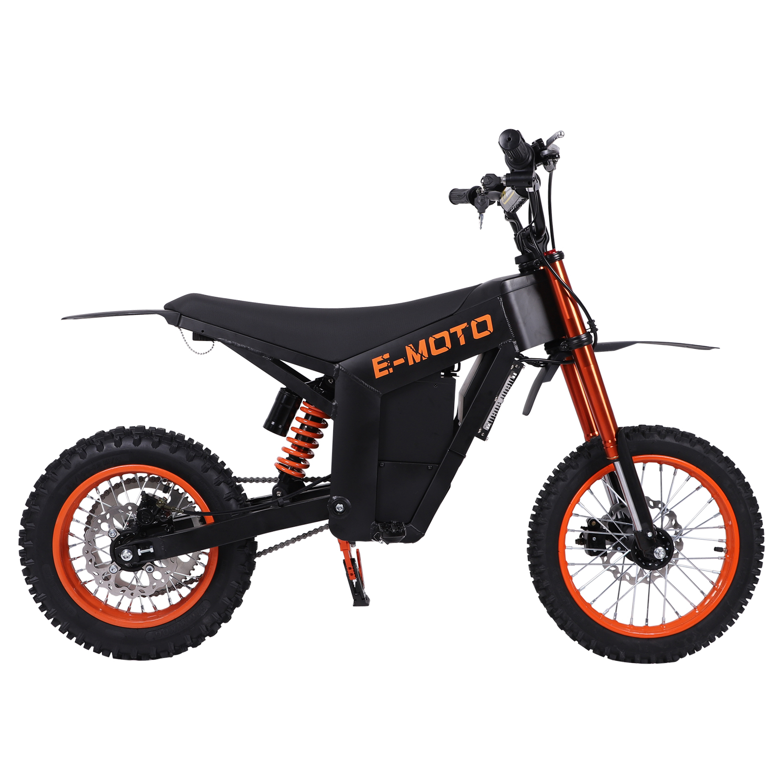 Czarny motocykl elektryczny z pomarańczowymi felgami i zawieszeniem.