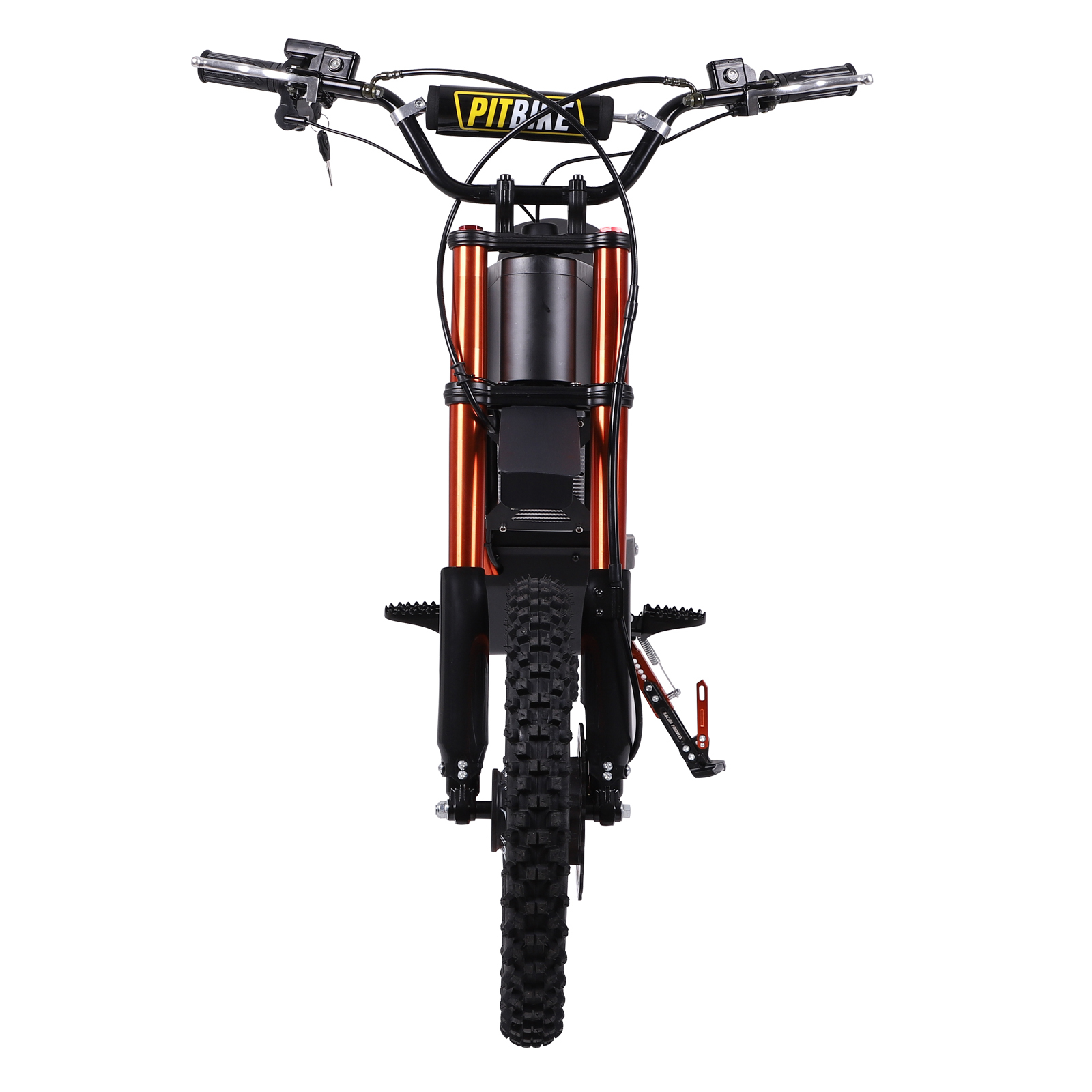 Widok z przodu czarnego i pomarańczowego dirt bike'a z szeroką kierownicą.