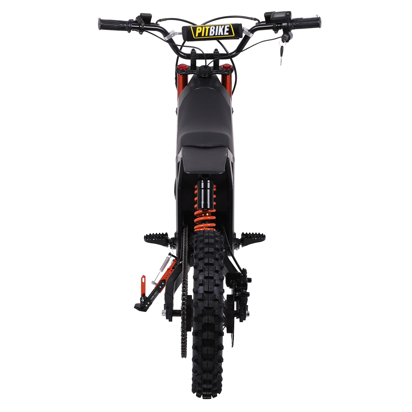 Widok z tyłu czarnego pitbike'a z czerwonymi akcentami i żółtą podkładką na kierownicę.