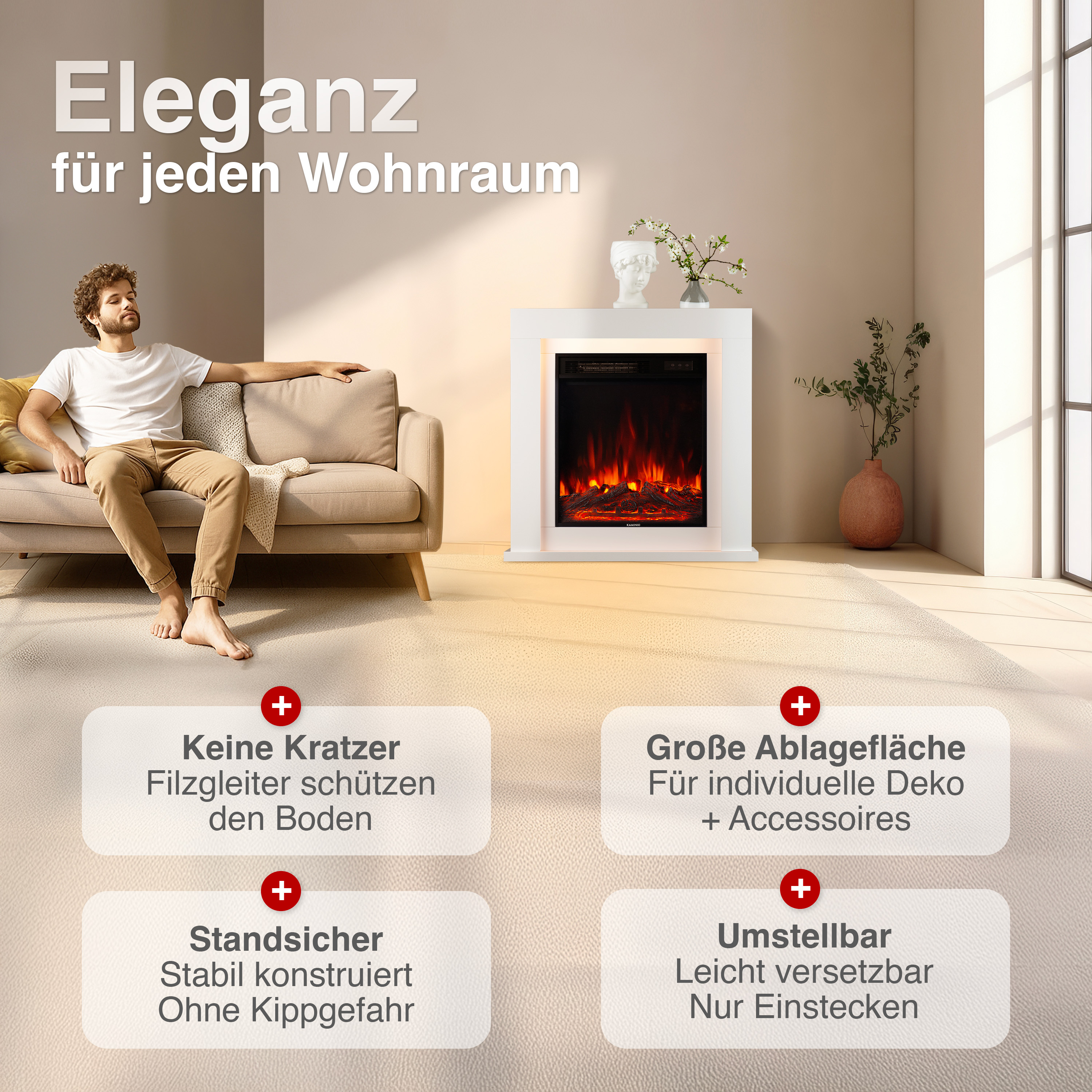 Mann entspannt auf Sofa vor modernem Kamin mit Flammen und Deko.