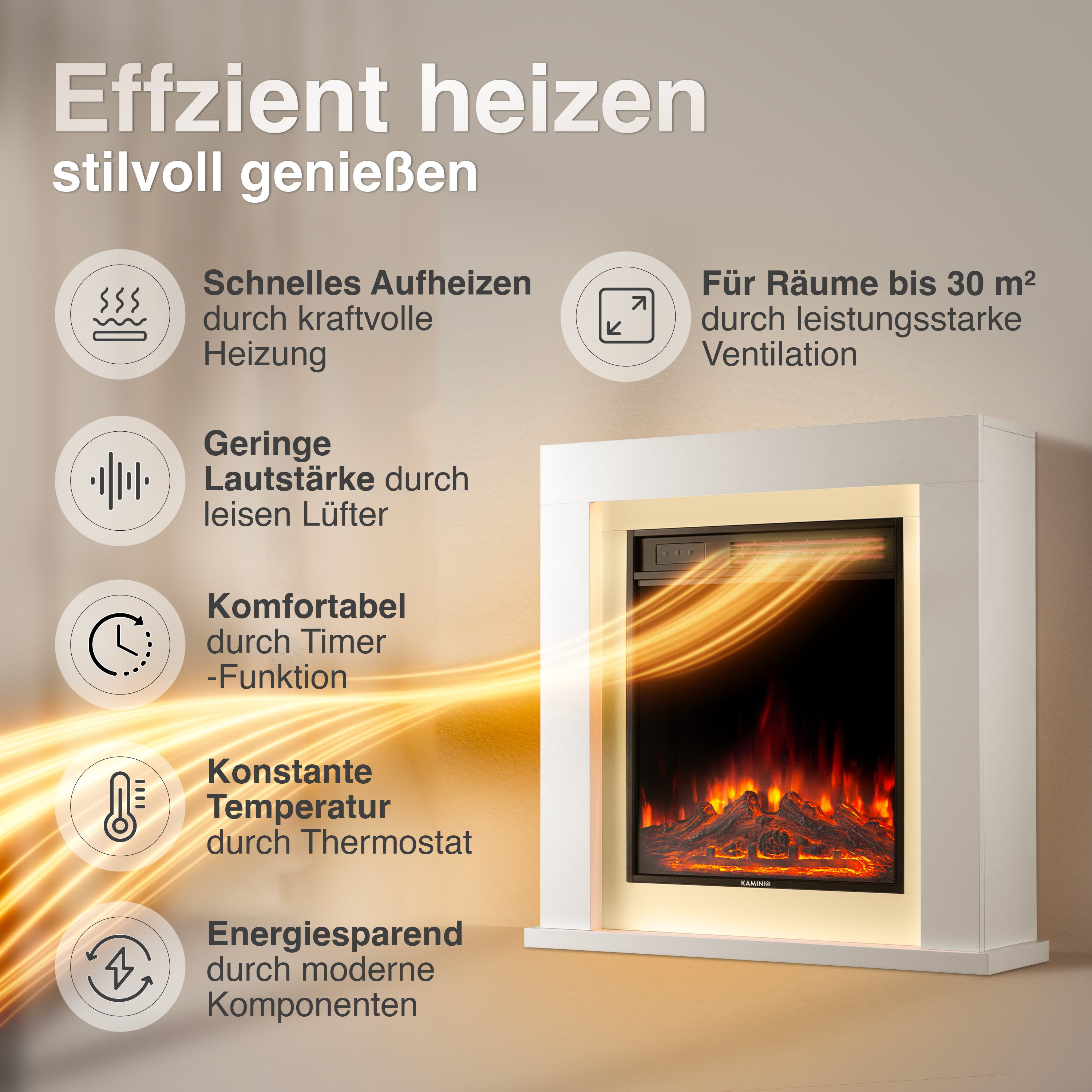 Ein moderner Kamin mit Flammen-Effekt und Heizungsmerkmalen.