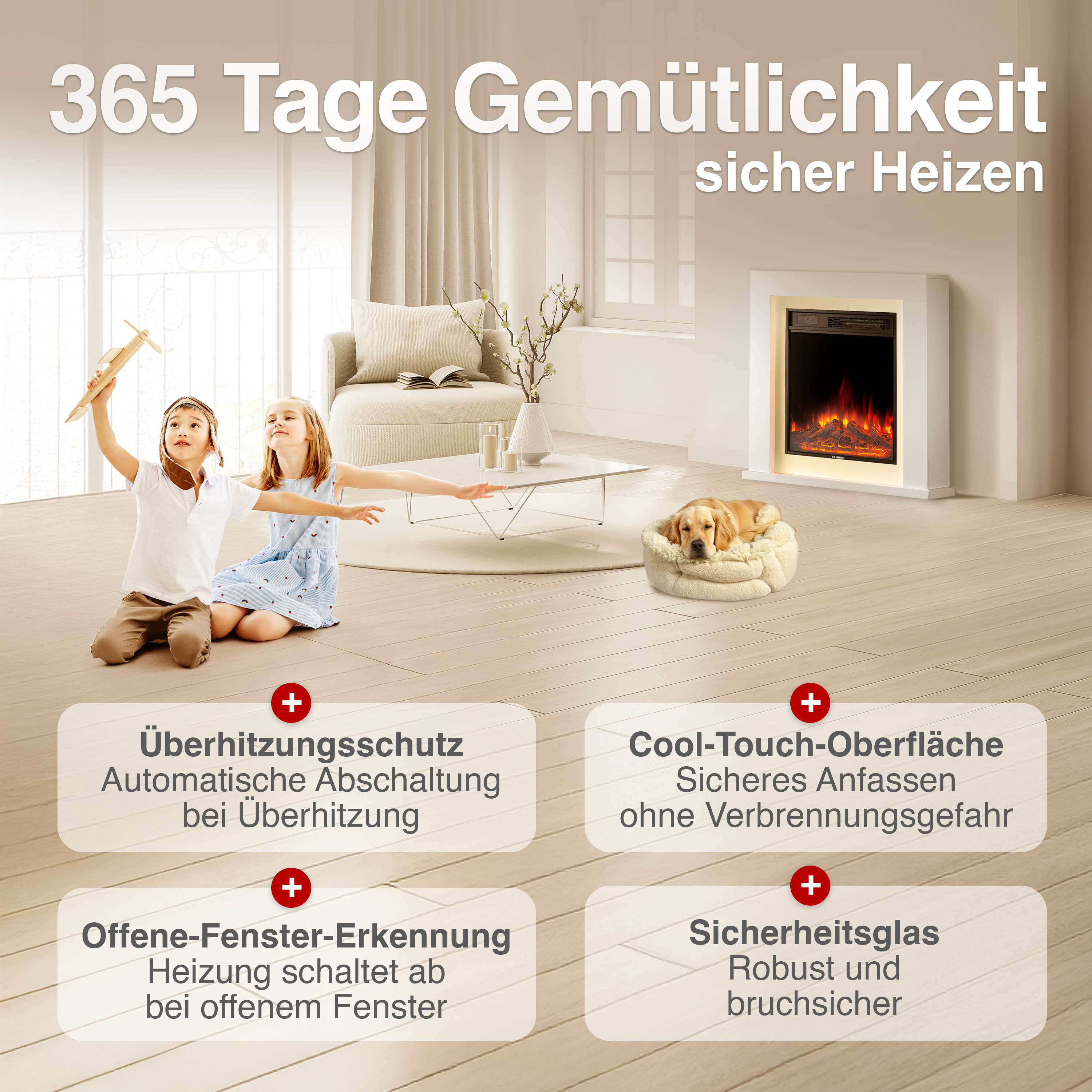 Kinder spielen mit Flugzeug, Hund schläft, Kamin mit Flammen.