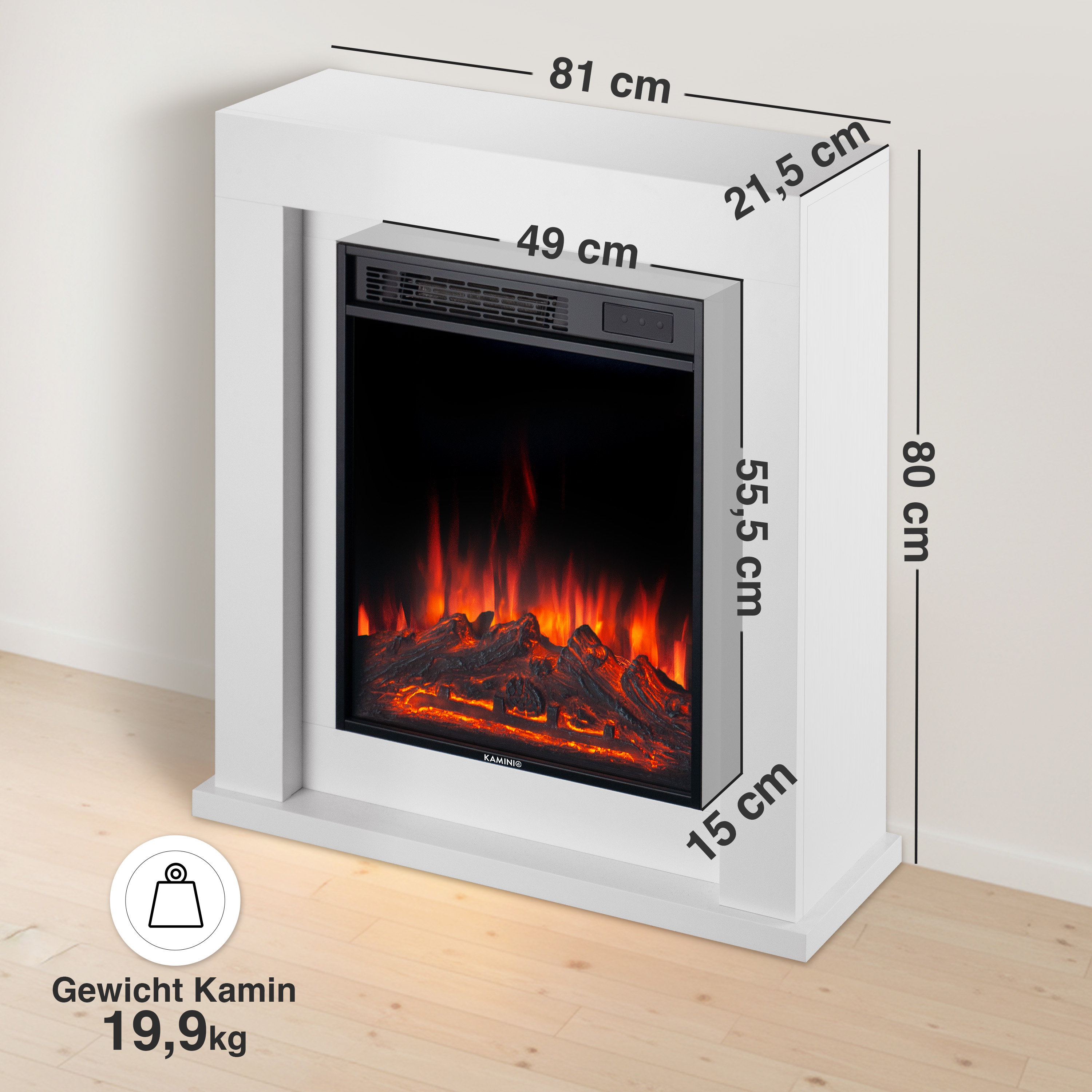 Ein weißer Kaminsims mit elektrischem Kamin und Flammen.