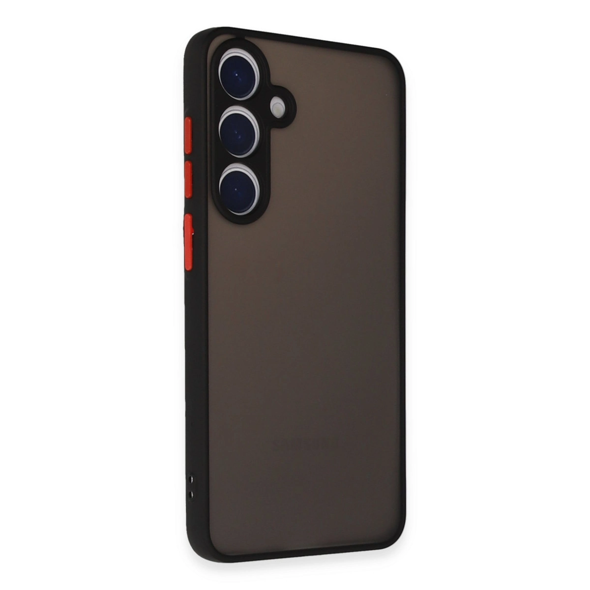 Üç kameralı ve kırmızı düğmeli koyu gri telefon kılıfı.