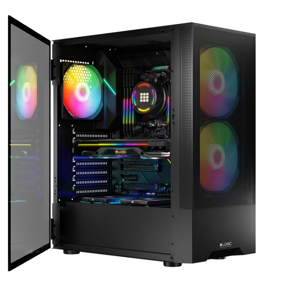 Otwarty czarny komputer PC z wentylatorami i komponentami RGB, białe tło.