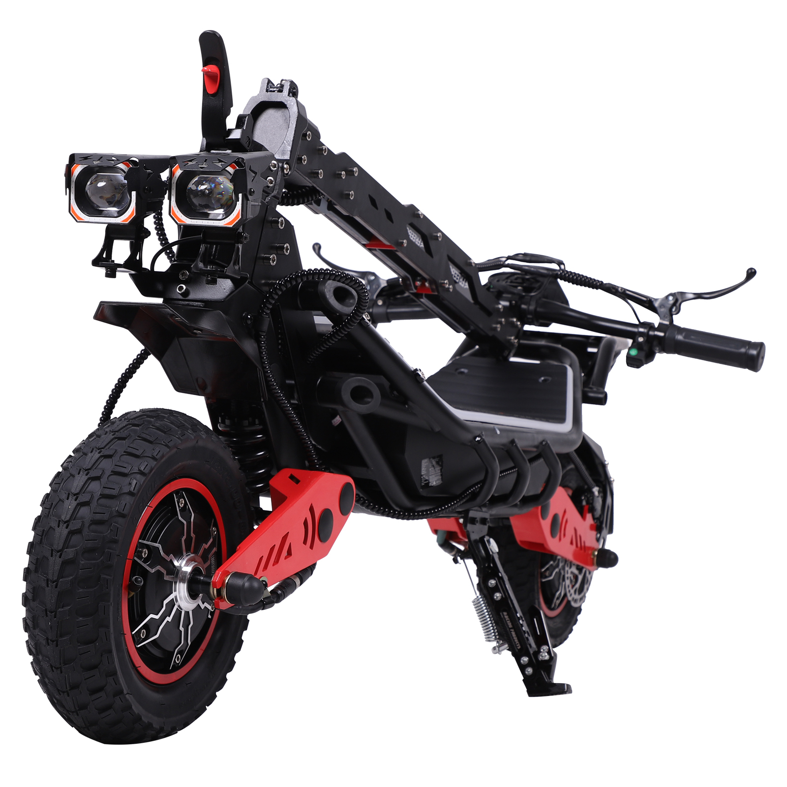 Czarna hulajnoga elektryczna z czerwonymi akcentami, podwójnymi światłami i terenowymi oponami.