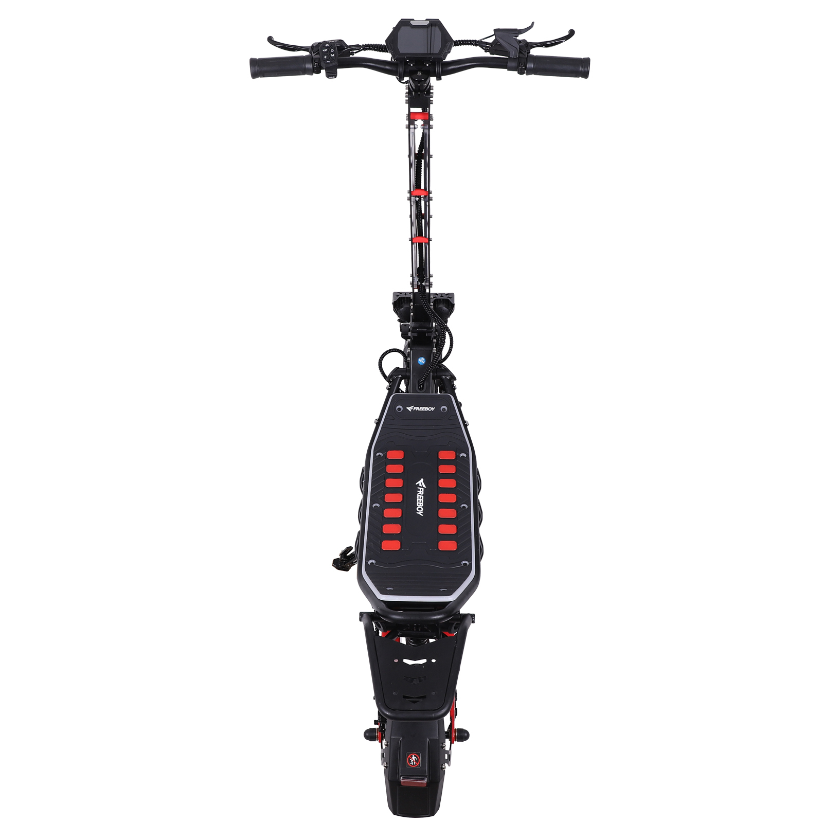 Czarna hulajnoga elektryczna z czerwonymi akcentami na podestie i kierownicy.