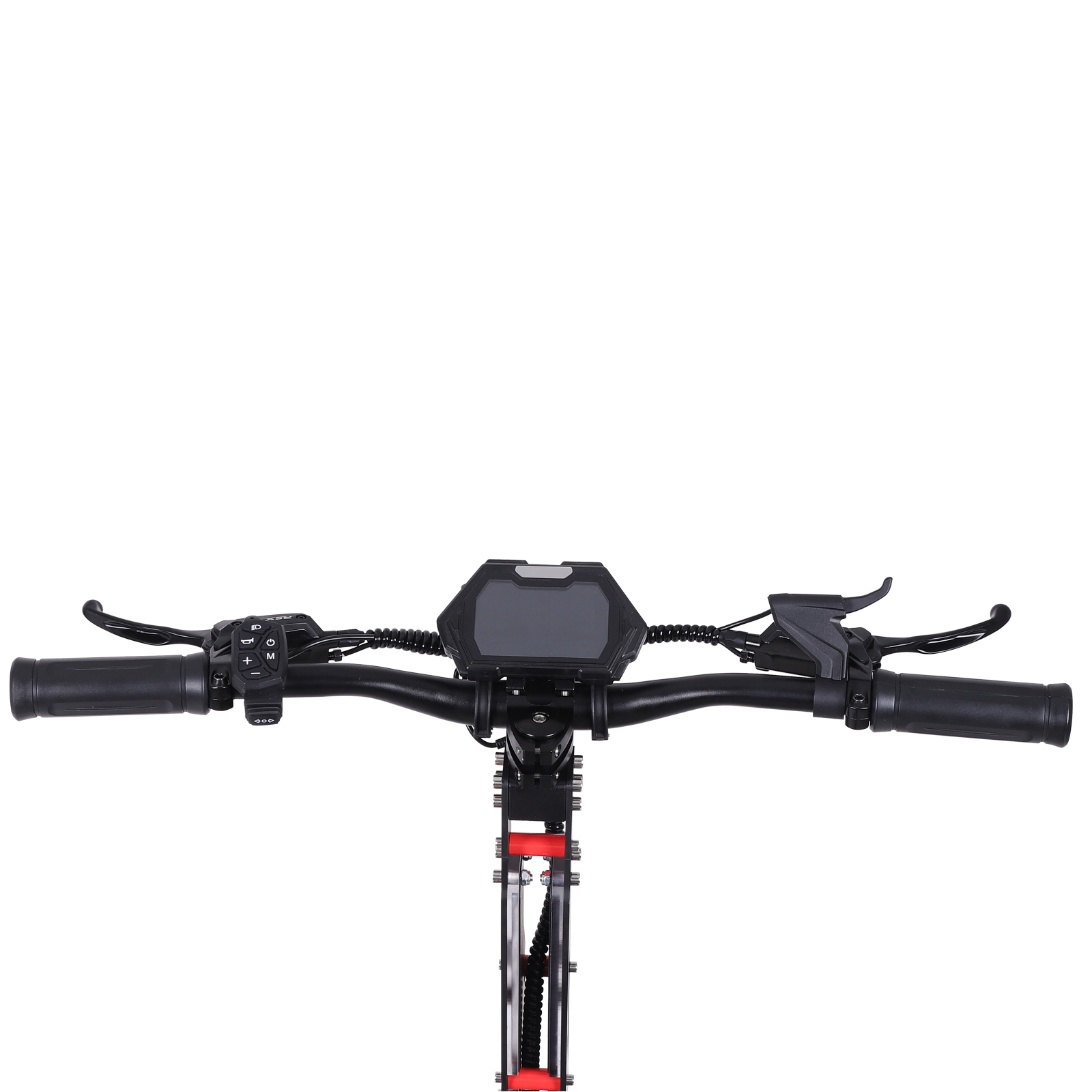 Kierownica hulajnogi elektrycznej z wyświetlaczem, uchwytami, hamulcami i sterowaniem.