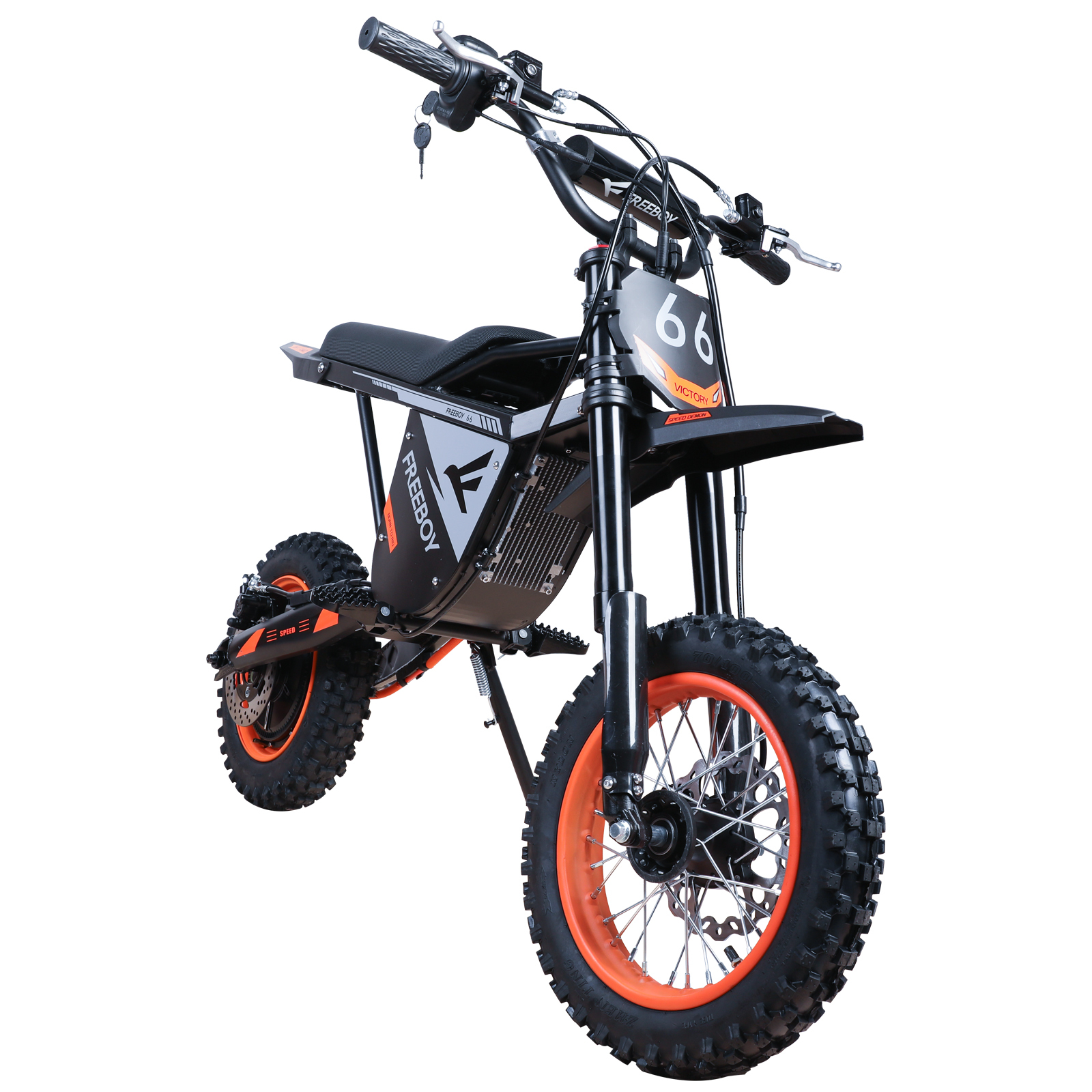 Czarny elektryczny dirt bike z pomarańczowymi felgami i numerem 66 z przodu.