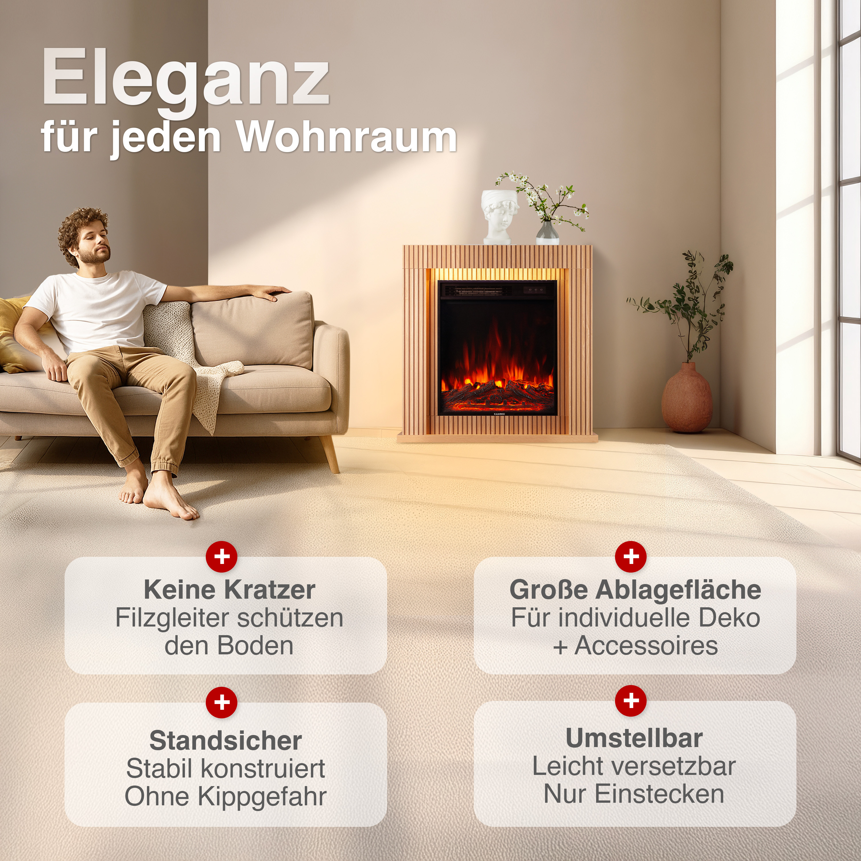 Mann sitzt auf Sofa vor modernem Kamin mit Flammen und Dekoration.