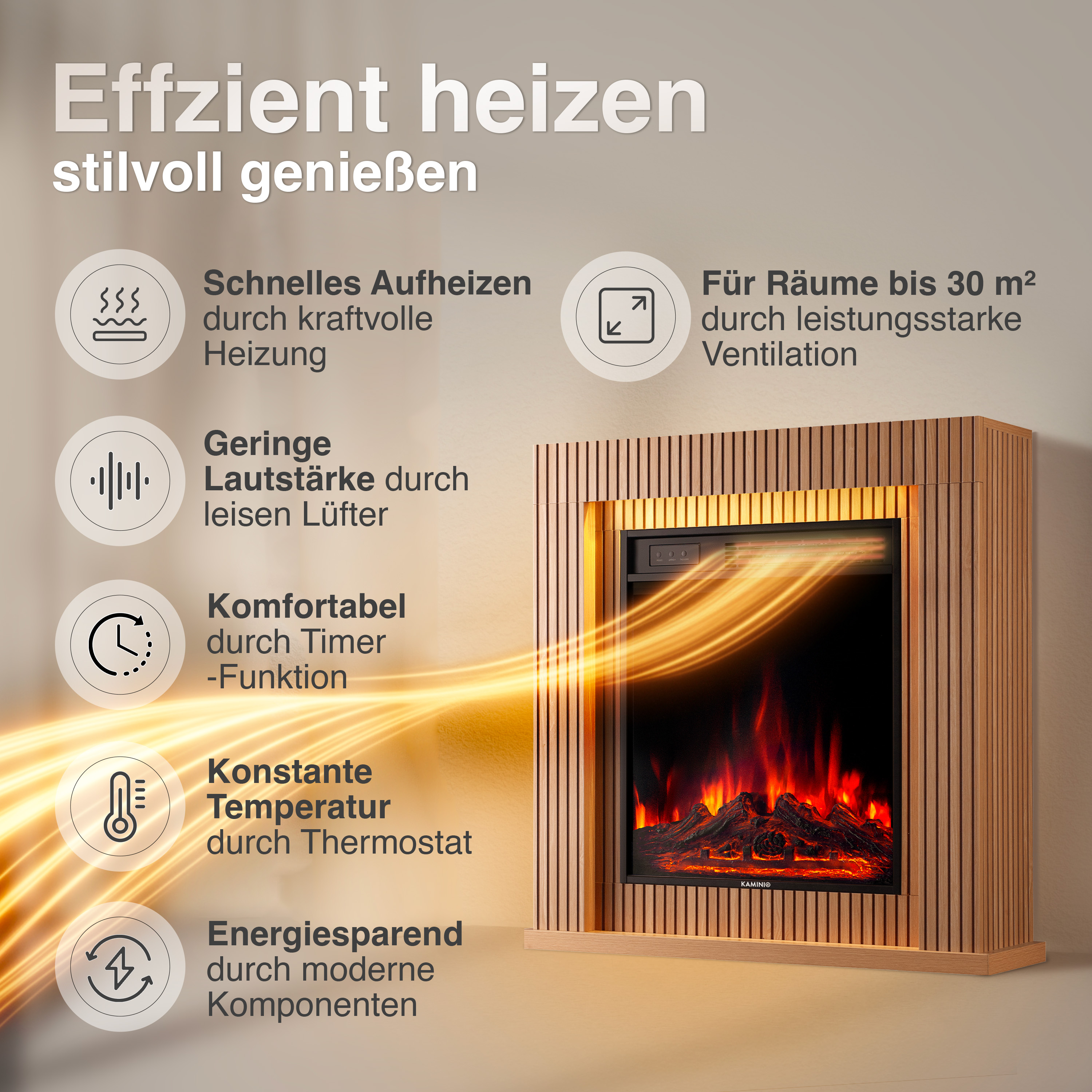 Elektrischer Kamin mit Holzverkleidung, Flammen-Effekt und Feature-Icons.