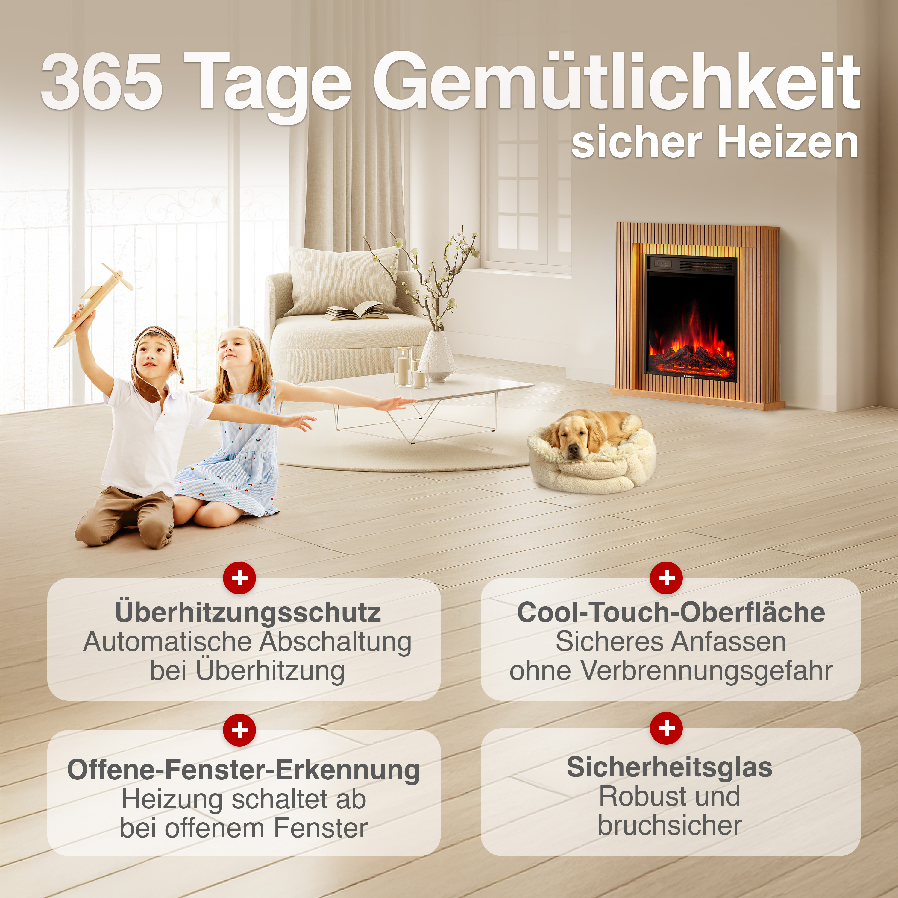 Gemütliches Wohnzimmer mit Kindern, Hund und Kamin. Features: Überhitzungsschutz.